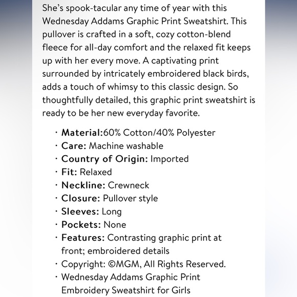 Wednesday Addams Girls Graphic Print Sweatshirt Embroidery NWT Sizes 7/8 & 14/16 - Picture 6 of 6